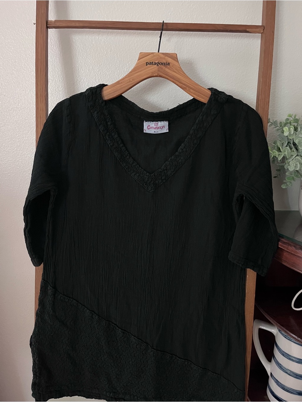 Cottonways Black V-Neck Textured Women's Top - Comfortable Everyday Style